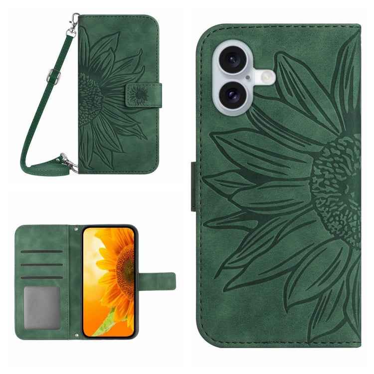 Skin Feel Sun Flower Embossed Flip Leather Phone Case with Lanyard, For iPhone 16, For iPhone 15 Pro Max, For iPhone 15 Pro, For iPhone 15 Plus