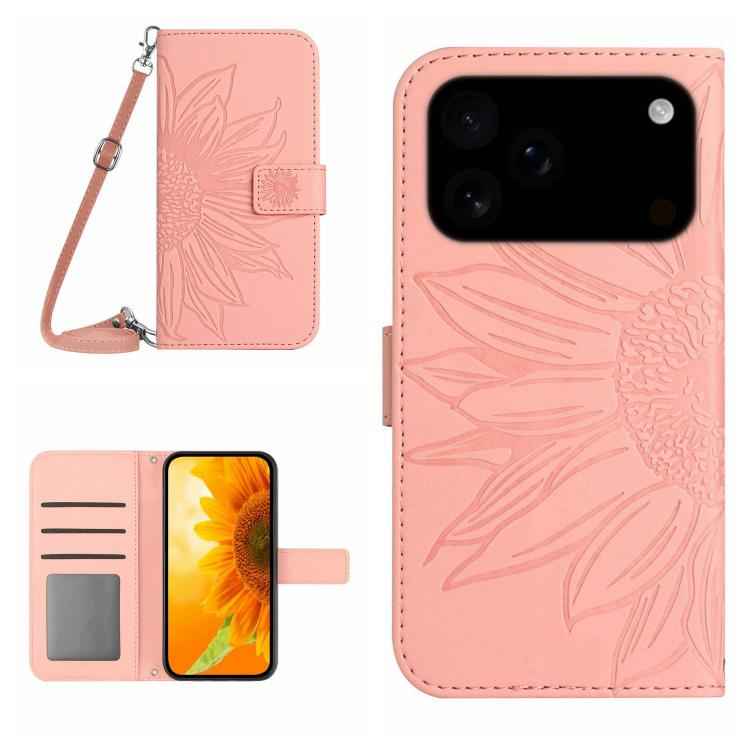 Skin Feel Sun Flower Embossed Flip Leather Phone Case with Lanyard, For iPhone 17e / 16e, For iPhone 17 Pro Max, For iPhone 17 Pro, For iPhone 17