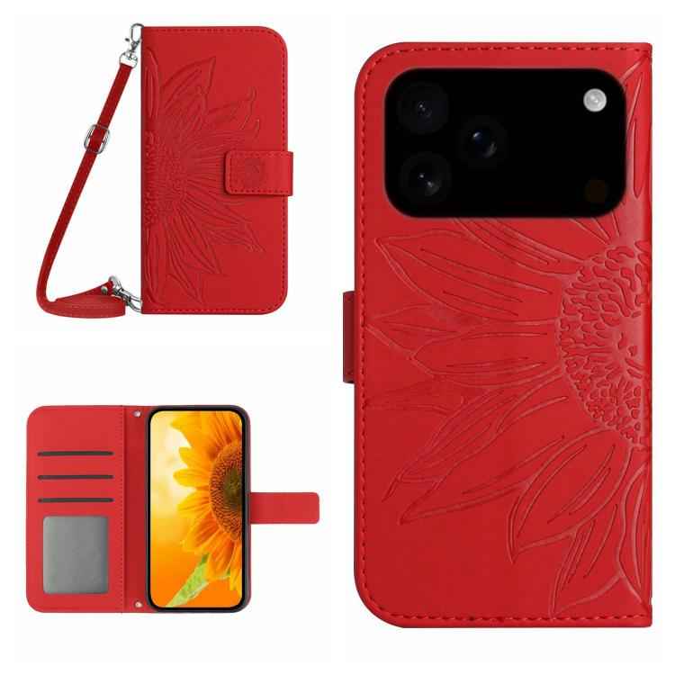 Skin Feel Sun Flower Embossed Flip Leather Phone Case with Lanyard, For iPhone 17e / 16e, For iPhone 17 Pro Max, For iPhone 17 Pro, For iPhone 17