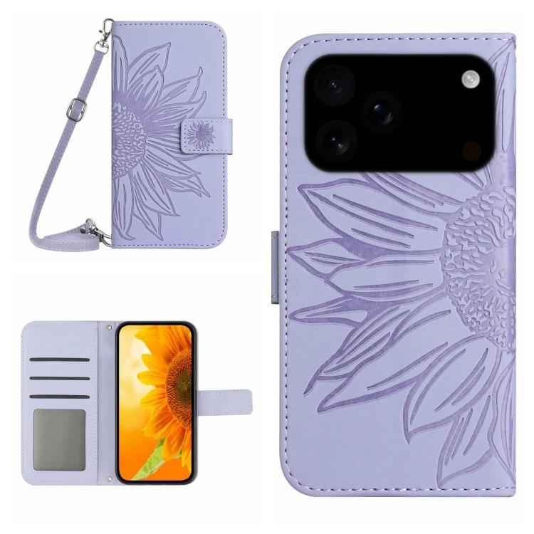 Skin Feel Sun Flower Embossed Flip Leather Phone Case with Lanyard, For iPhone 17e / 16e, For iPhone 17 Pro Max, For iPhone 17 Pro, For iPhone 17