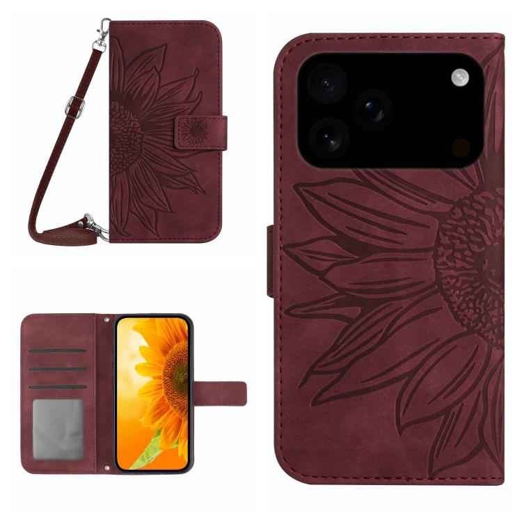 Skin Feel Sun Flower Embossed Flip Leather Phone Case with Lanyard, For iPhone 17e / 16e, For iPhone 17 Pro Max, For iPhone 17 Pro, For iPhone 17