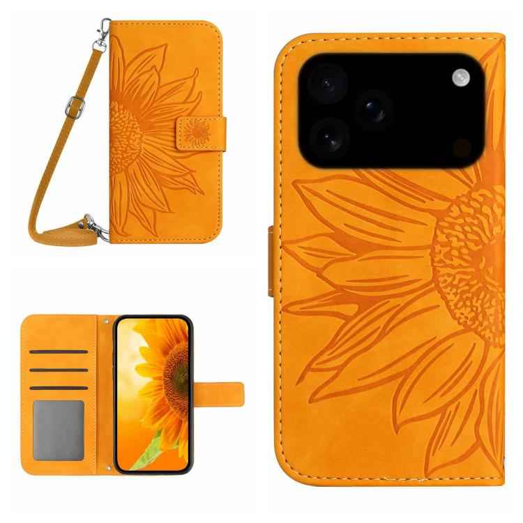 Skin Feel Sun Flower Embossed Flip Leather Phone Case with Lanyard, For iPhone 17e / 16e, For iPhone 17 Pro Max, For iPhone 17 Pro, For iPhone 17