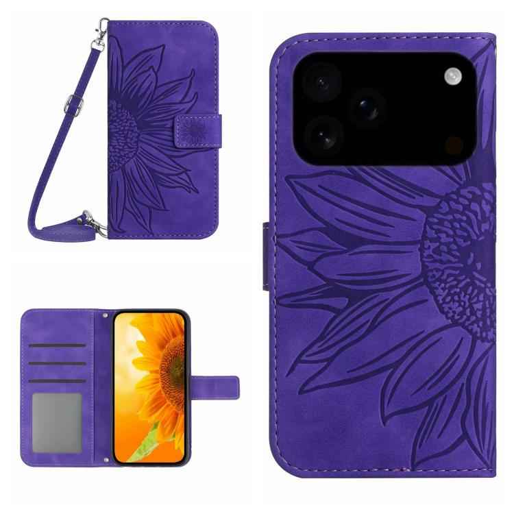 Skin Feel Sun Flower Embossed Flip Leather Phone Case with Lanyard, For iPhone 17e / 16e, For iPhone 17 Pro Max, For iPhone 17 Pro, For iPhone 17
