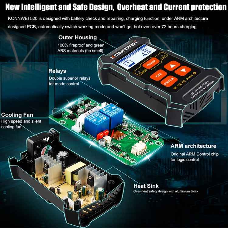 KONNWEI KW520 12V / 24V 3 in 1 Car Battery Tester with Detection & Repair & Charging Function