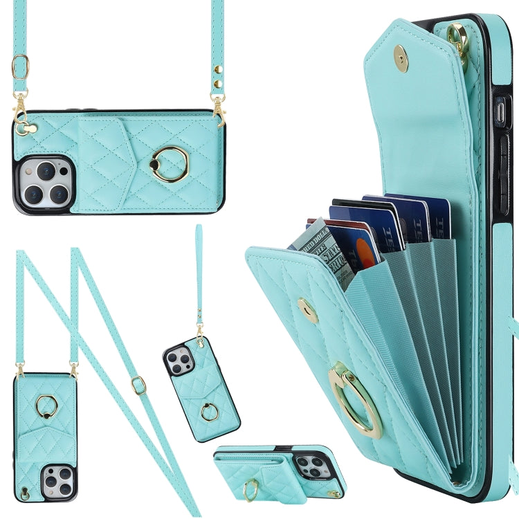 Rhombic Texture Card Bag Phone Case with Long Lanyard, For iPhone 15 Pro, For iPhone 15 Plus, For iPhone 15, For iPhone 14 Plus, For iPhone 14, For iPhone 14 Pro