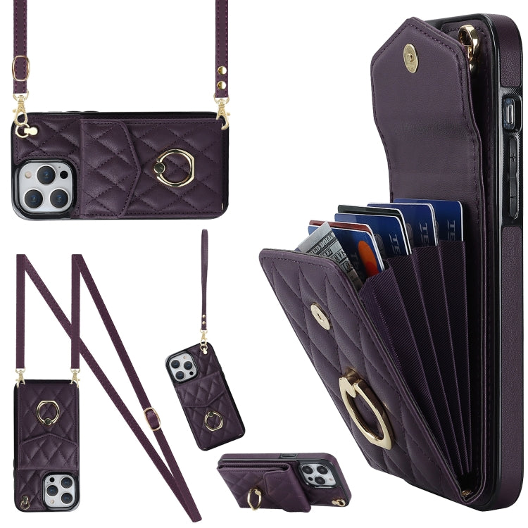 Rhombic Texture Card Bag Phone Case with Long Lanyard, For iPhone 15 Pro, For iPhone 15 Plus, For iPhone 15, For iPhone 14 Plus, For iPhone 14, For iPhone 14 Pro