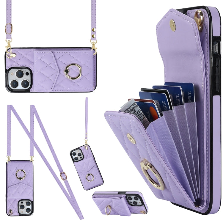 Rhombic Texture Card Bag Phone Case with Long Lanyard, For iPhone 15 Pro, For iPhone 15 Plus, For iPhone 15, For iPhone 14 Plus, For iPhone 14, For iPhone 14 Pro