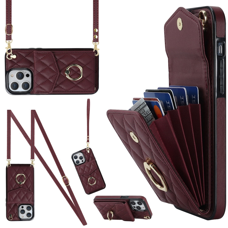 Rhombic Texture Card Bag Phone Case with Long Lanyard, For iPhone 14 Pro Max, For iPhone 13 Pro Max, For iPhone 13 Pro, For iPhone 13, For iPhone 12 / 12 Pro, For iPhone 12 Pro Max
