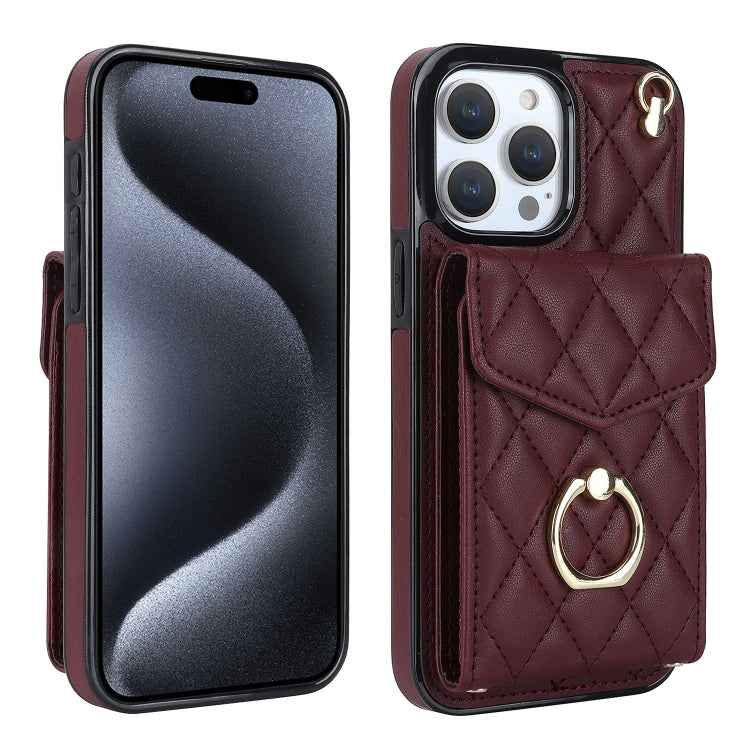 Rhombic Texture Card Bag Phone Case with Long Lanyard, For iPhone 15 Pro, For iPhone 15 Plus, For iPhone 15, For iPhone 14 Plus, For iPhone 14, For iPhone 14 Pro