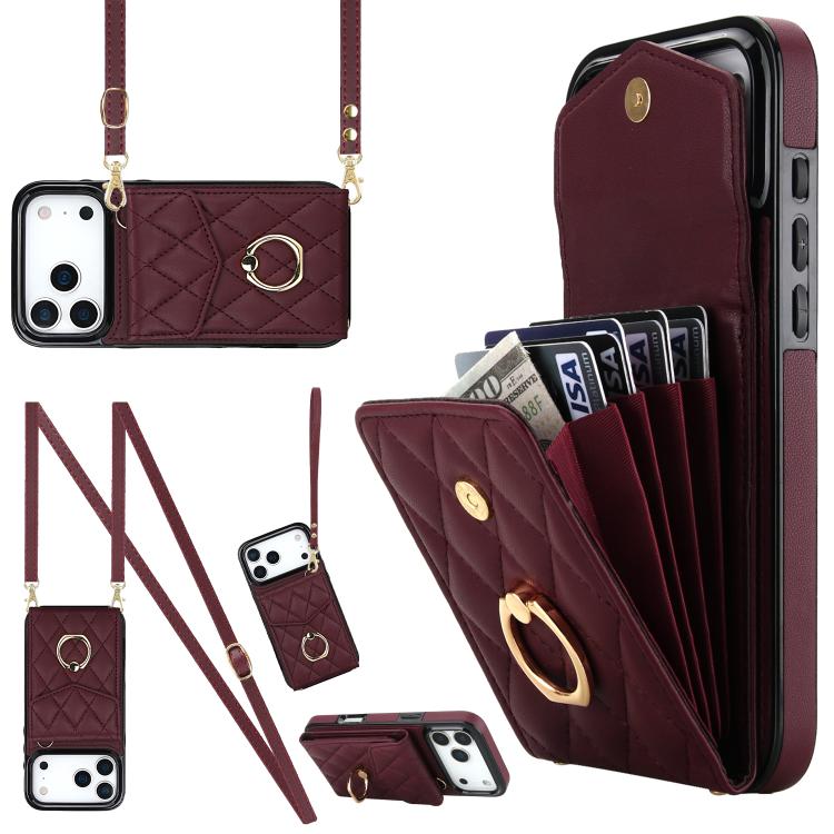 Rhombic Texture Card Bag Phone Case with Long Lanyard, For iPhone 17e / 16e, For iPhone 17 Pro Max, For iPhone 17 Pro, For iPhone 17, For iPhone Air, For iPhone 15 Pro Max