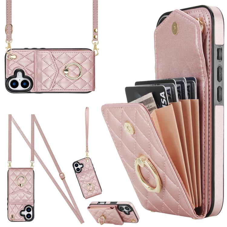 Rhombic Texture Card Bag Phone Case with Long Lanyard, For iPhone 17e / 16e, For iPhone 17 Pro Max, For iPhone 17 Pro, For iPhone 17, For iPhone Air, For iPhone 15 Pro Max