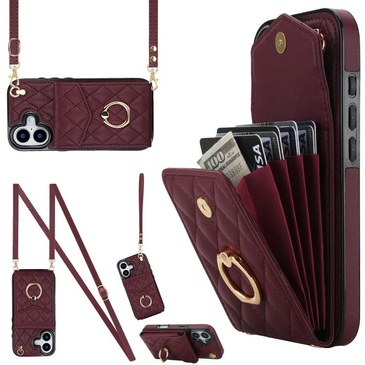 Rhombic Texture Card Bag Phone Case with Long Lanyard, For iPhone 17e / 16e, For iPhone 17 Pro Max, For iPhone 17 Pro, For iPhone 17, For iPhone Air, For iPhone 15 Pro Max