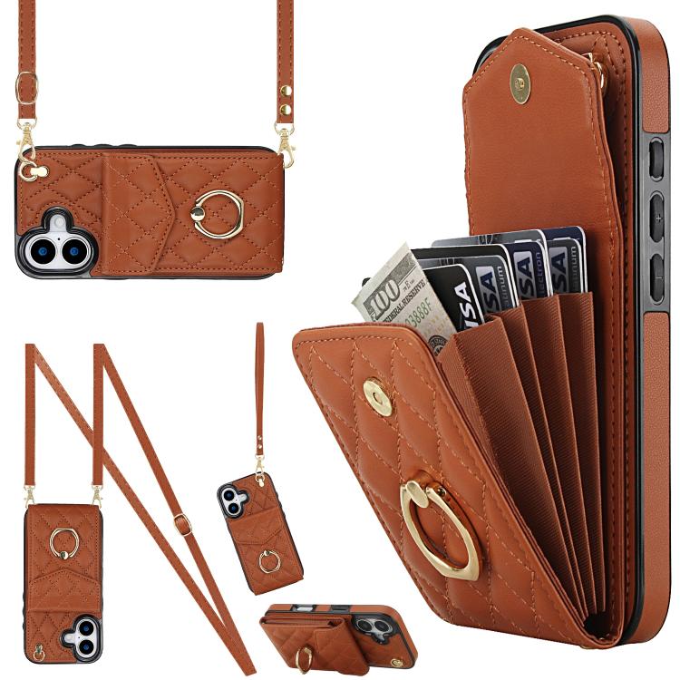 Rhombic Texture Card Bag Phone Case with Long Lanyard, For iPhone 17e / 16e, For iPhone 17 Pro Max, For iPhone 17 Pro, For iPhone 17, For iPhone Air, For iPhone 15 Pro Max
