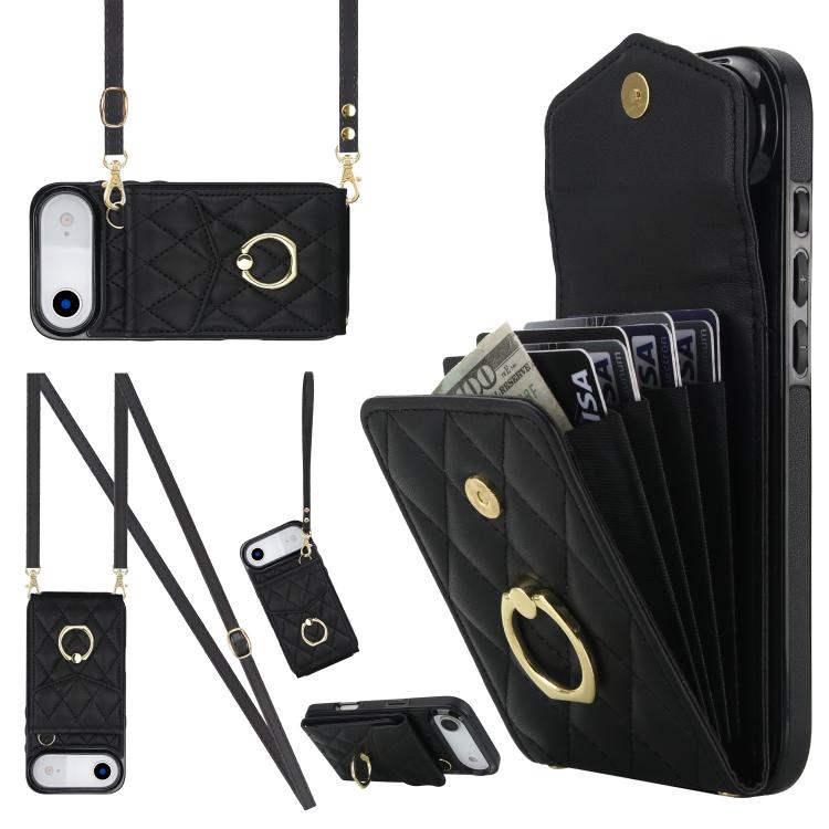 Rhombic Texture Card Bag Phone Case with Long Lanyard, For iPhone 17e / 16e, For iPhone 17 Pro Max, For iPhone 17 Pro, For iPhone 17, For iPhone Air, For iPhone 15 Pro Max