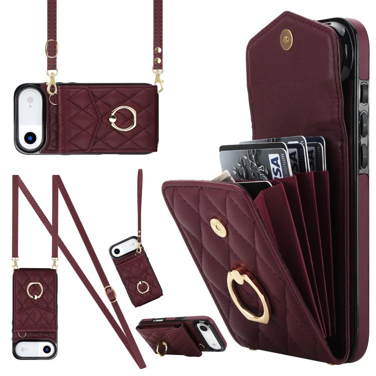 Rhombic Texture Card Bag Phone Case with Long Lanyard, For iPhone 17e / 16e, For iPhone 17 Pro Max, For iPhone 17 Pro, For iPhone 17, For iPhone Air, For iPhone 15 Pro Max