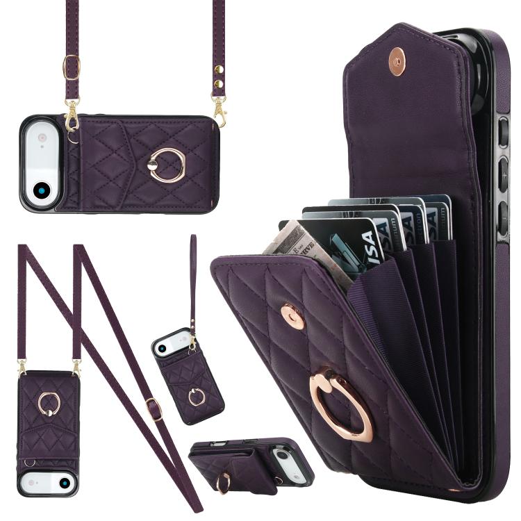 Rhombic Texture Card Bag Phone Case with Long Lanyard, For iPhone 17e / 16e, For iPhone 17 Pro Max, For iPhone 17 Pro, For iPhone 17, For iPhone Air, For iPhone 15 Pro Max