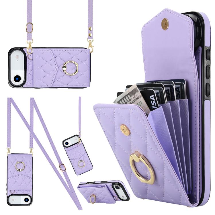 Rhombic Texture Card Bag Phone Case with Long Lanyard, For iPhone 17e / 16e, For iPhone 17 Pro Max, For iPhone 17 Pro, For iPhone 17, For iPhone Air, For iPhone 15 Pro Max