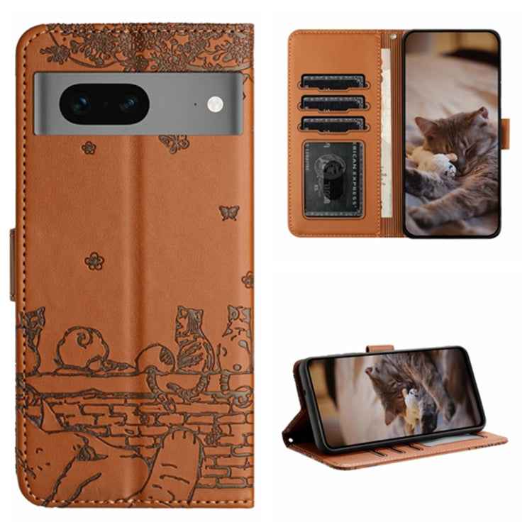 Cat Embossing Pattern Leather Phone Case with Lanyard, For Google Pixel 7 5G