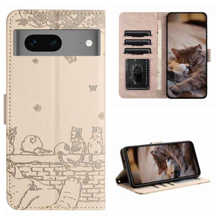Cat Embossing Pattern Leather Phone Case with Lanyard, For Google Pixel 7 5G