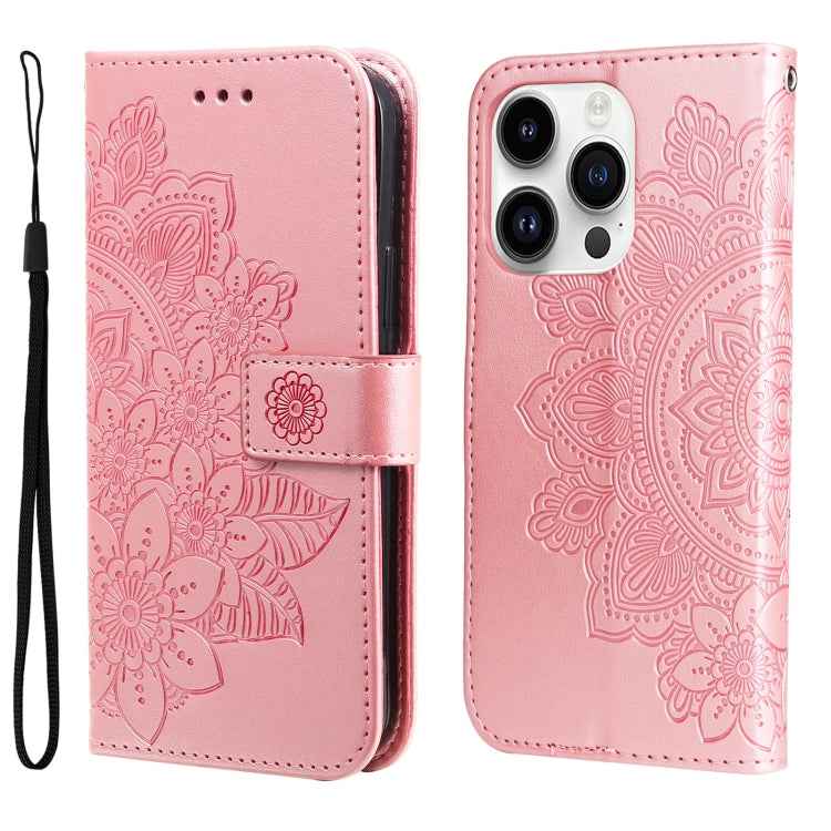 Seven-petal Flowers Embossing Leather Phone Case, For iPhone 15 Pro Max, For iPhone 15 Pro, For iPhone 15 Plus, For iPhone 15