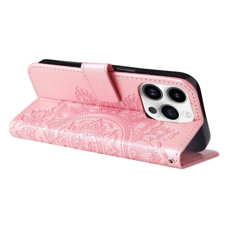 Seven-petal Flowers Embossing Leather Phone Case, For iPhone 15 Pro Max, For iPhone 15 Pro, For iPhone 15 Plus, For iPhone 15