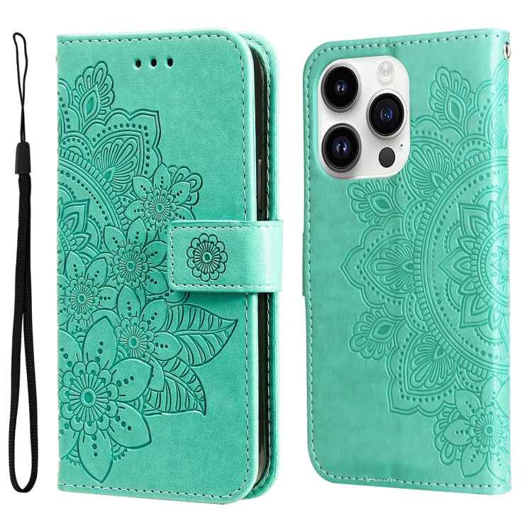 Seven-petal Flowers Embossing Leather Phone Case, For iPhone 15 Pro Max, For iPhone 15 Pro, For iPhone 15 Plus, For iPhone 15