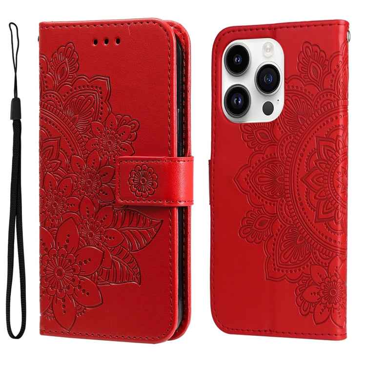 Seven-petal Flowers Embossing Leather Phone Case, For iPhone 15 Pro Max, For iPhone 15 Pro, For iPhone 15 Plus, For iPhone 15