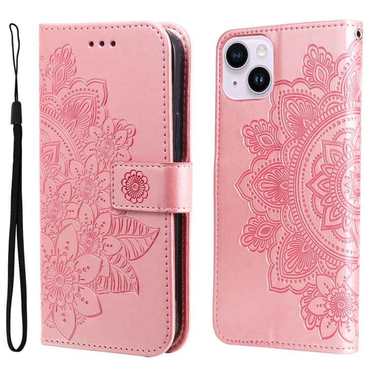 Seven-petal Flowers Embossing Leather Phone Case, For iPhone 15 Pro Max, For iPhone 15 Pro, For iPhone 15 Plus, For iPhone 15