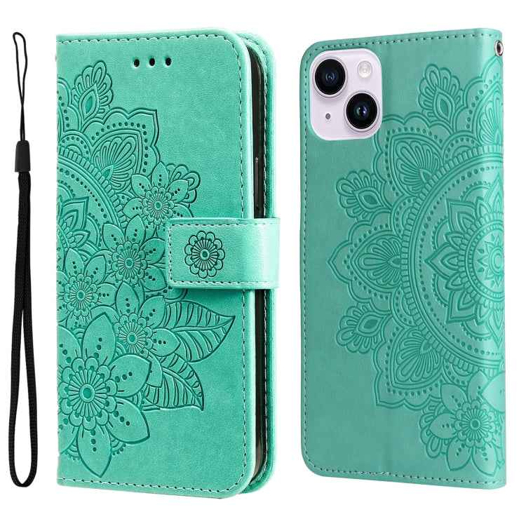Seven-petal Flowers Embossing Leather Phone Case, For iPhone 15 Pro Max, For iPhone 15 Pro, For iPhone 15 Plus, For iPhone 15