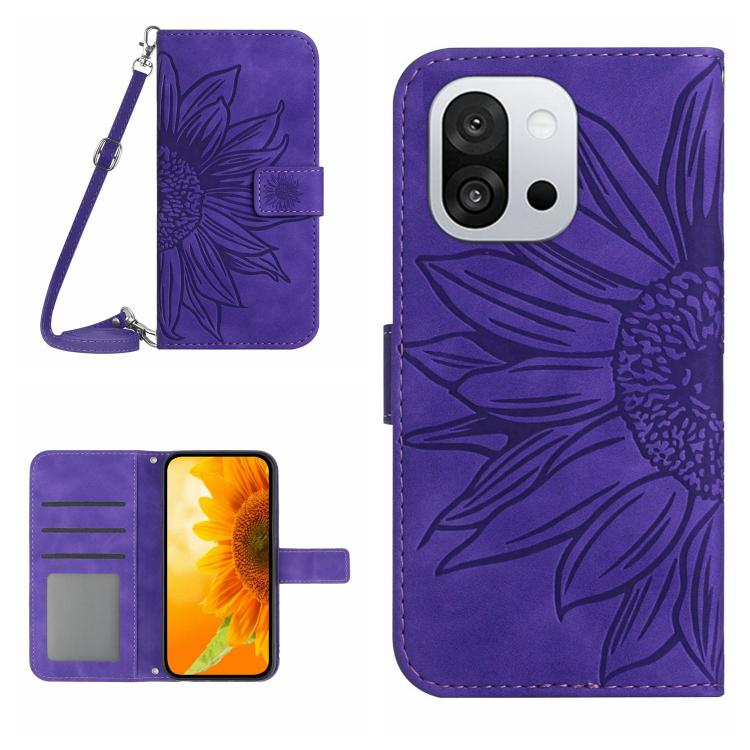 Skin Feel Sun Flower Embossed Leather Phone Case with Lanyard, For OnePlus 13T, For OnePlus 13R, For OnePlus 13, For OnePlus Nord 4 5G