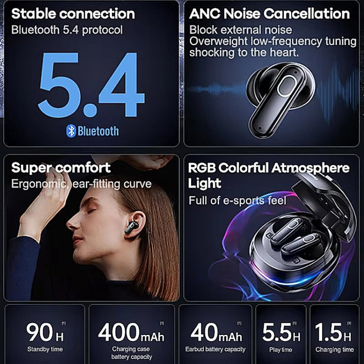 REMAX GameBuds G9 ANC Noise Reduction Gaming Wireless Bluetooth Earphones, Gamebuds G9 Black