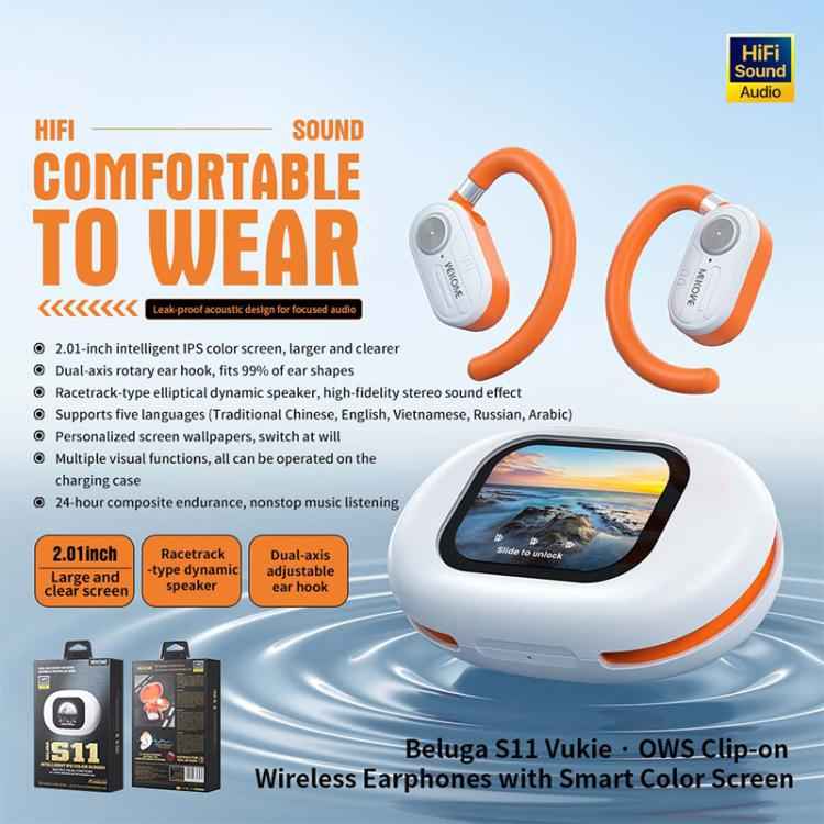 WK Beluga S11 Vukie OWS Clip-on Wireless Earphones with Smart Color Screen