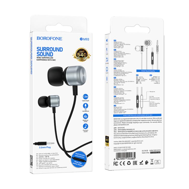 Borofone BM93 Platino Universal 3.5mm Wired Earphones with Microphone, Length: 1.2m