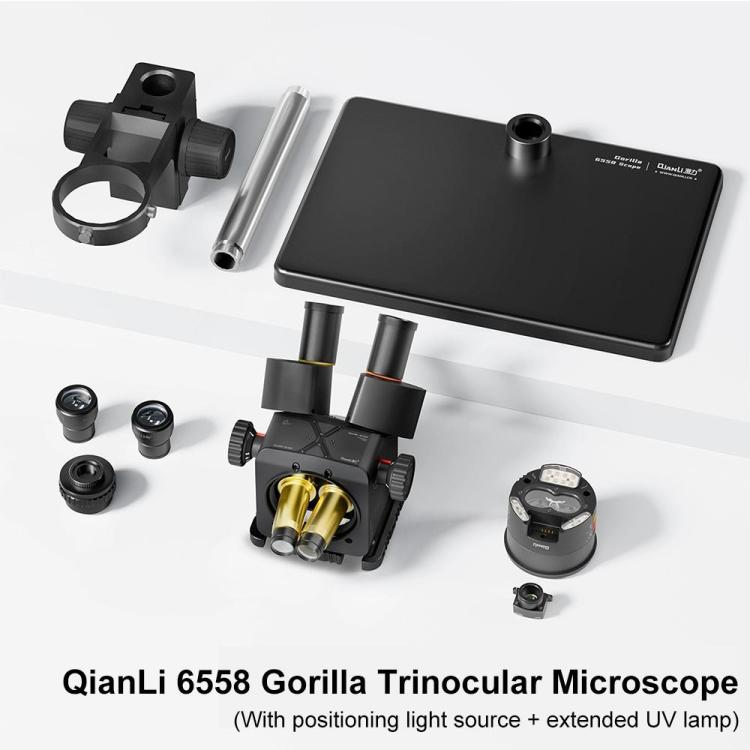 QianLi 6558 6.5X-58X Gorilla Trinocular Microscope with Light Source + UV Lamp, with Light Source + UV Lamp, Plug:US Plug, with Light Source + UV Lamp, Plug:EU Plug