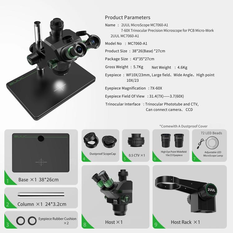 2uul MC7060-A1 7-60X Synchronous Zoom Trinocular Microscope