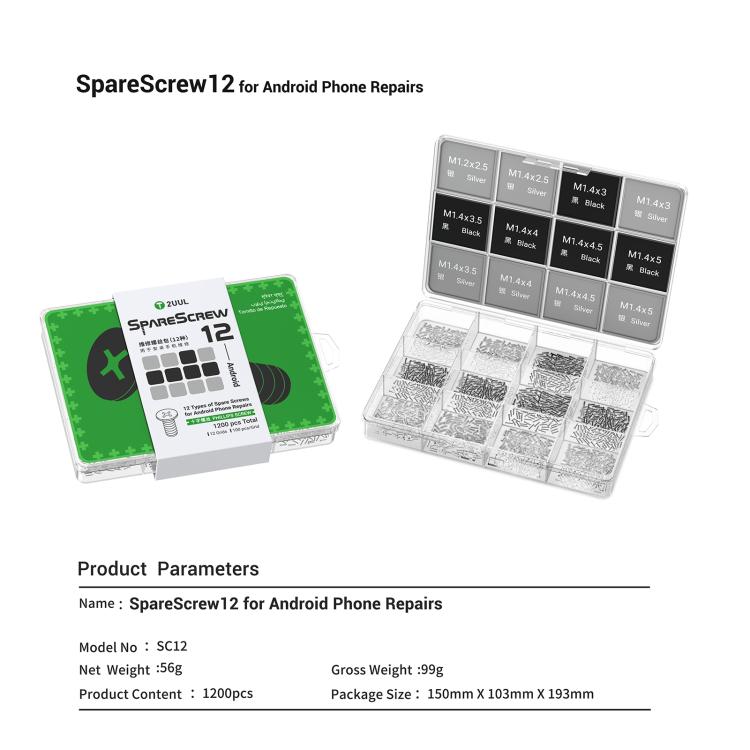 2UUL SC12 SpareScrew12 Phillips Screws Set for Most Android Phones Repair (1200pcs/Set )