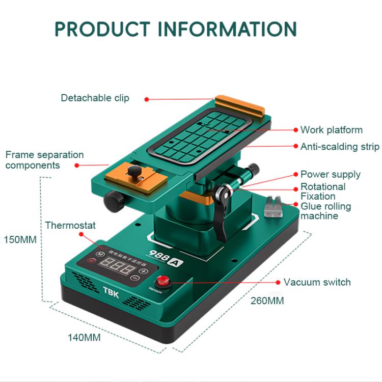 TBK 988A 360 Rotating Screen OCA Adhesive Removal Heating Separator, US Plug, UK Plug, AU Plug, EU Plug