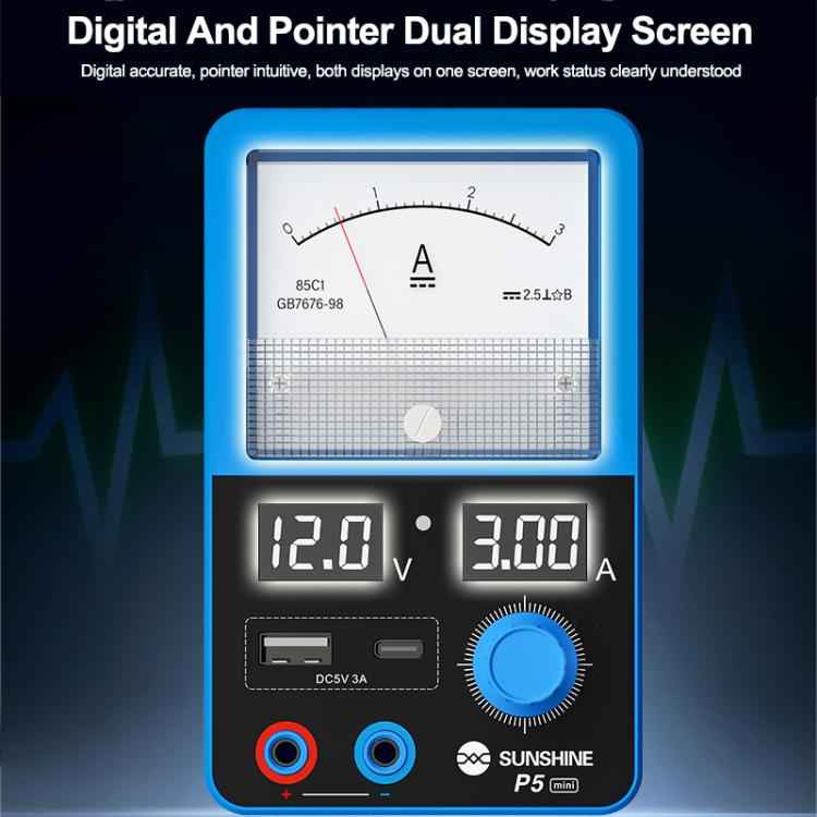 SUNSHINE P5 Mini 5V / 3A Dual Display Smart Power Supply with Pointer-type Ammeter, US Plug, EU Plug
