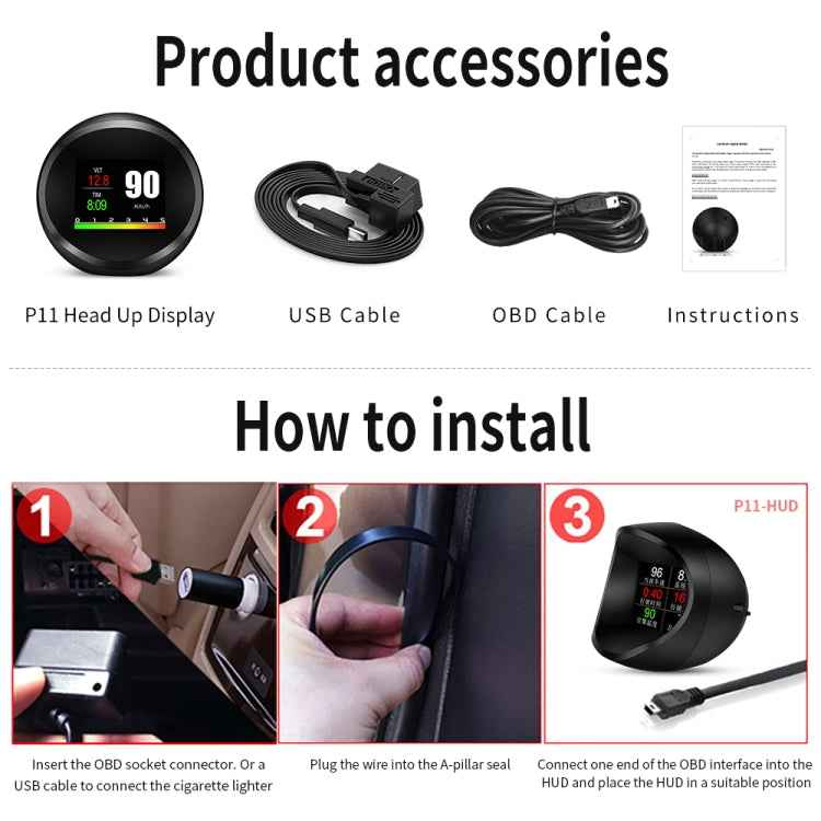 P11 OBD2 + GPS Mode Car HUD Head-up Display Water Temperature / Vehicle Speed / Voltage / Fuel Consumption Display, Speed Alarm