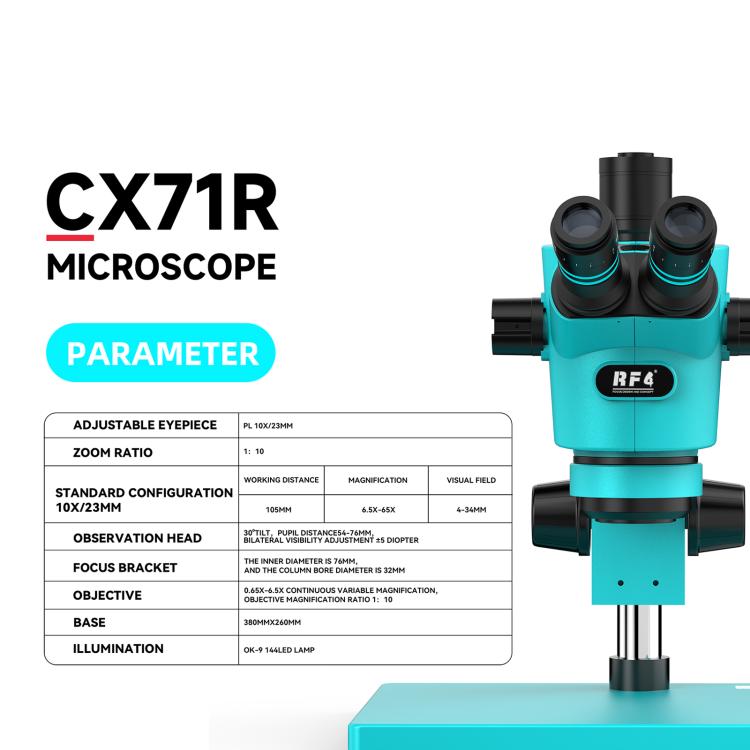 RF4 RF-CX71R 6.5-65X Ergonomic Design Trinocular Stereo Microscope with Big Aluminum Alloy Base, RF-CX71R
