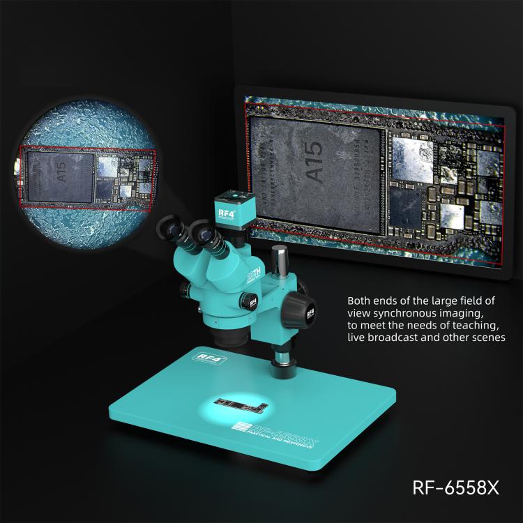 RF4 RF-6558X 6.5-58X Synchronous Zoom Trinocular Stereo Microscope with Aluminum Alloy Big Base, RF-6558X