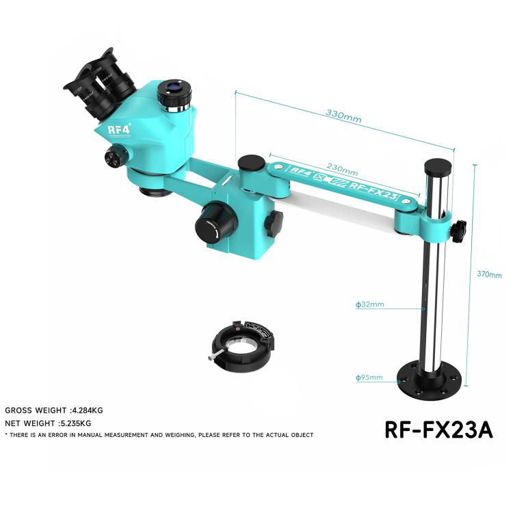 RF4 RF-FX23A 7-50X Free Swing Fixed Trinocular Stereo Microscope, Short Version, RF-FX23A