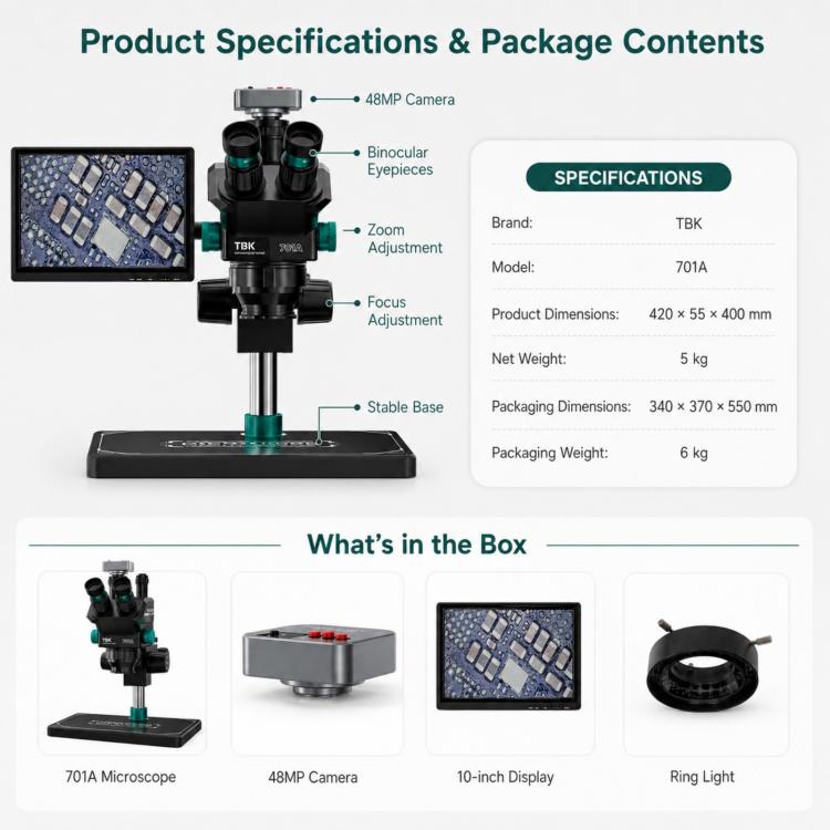 TBK TBK-701A 48MP 7X-60X Continuous Zoom Digital Microscope, TBK-701A