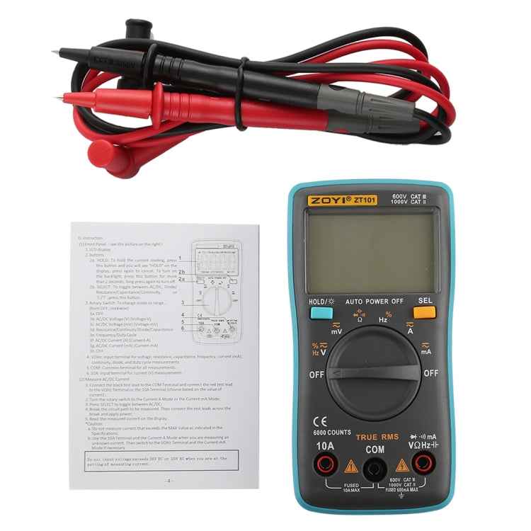 ZOYI ZT101 600V CAT III / 1000V CAT II 6000 Counts Portable Digital Multimeter AC / DC Current Voltage Tester Meter with Back-light LCD Screen & Holder