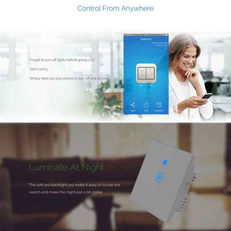 WS-UK-02 EWeLink APP & Touch Control 2A 2 Gangs Tempered Glass Panel Smart Wall Switch, AC 90V-250V, UK Plug