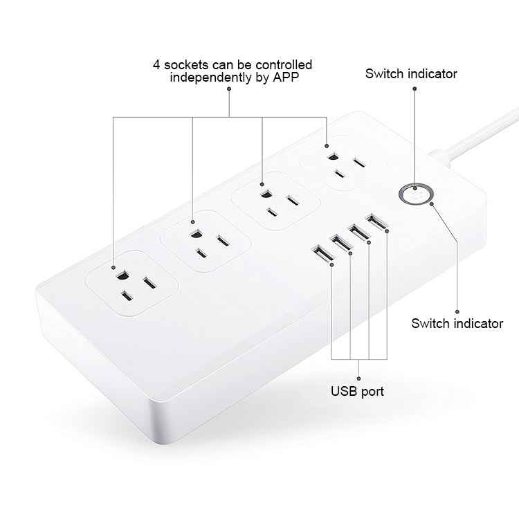 4 x USB Ports + 4 x US Plug Jack WiFi Remote Control Smart Power Socket Works with Alexa & Google Home, AC 110-240V, US Plug