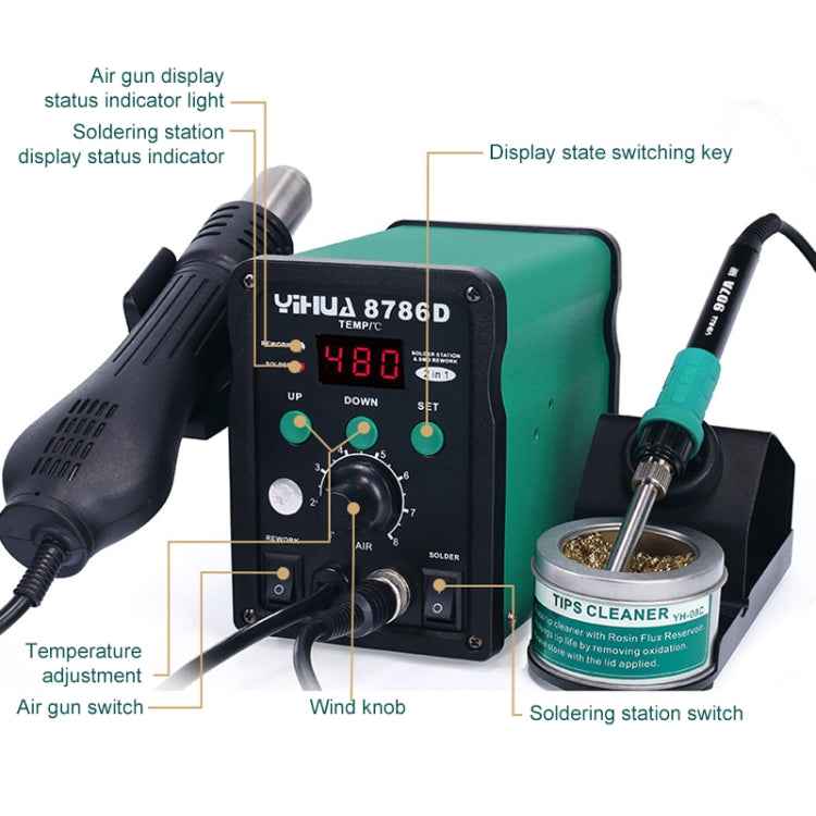 YIHUA 8786D 2 in 1 AC 220V LED Display Adjustable Temperature Hot Air Gun + Solder Station & Soldering Iron