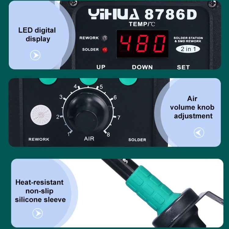 YIHUA 8786D 2 in 1 AC 220V LED Display Adjustable Temperature Hot Air Gun + Solder Station & Soldering Iron