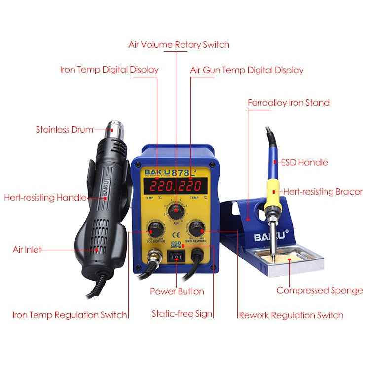BAKU BK-878L2 AC 220V LED Display 2 in 1 Hot Air Gun Soldering Iron Soldering Station