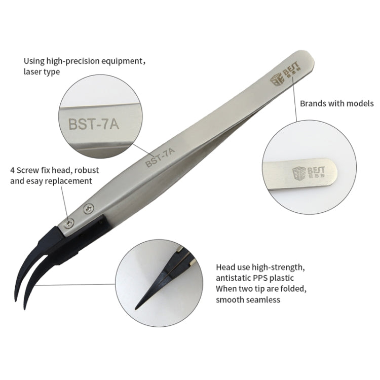 BEST BST-7A Curved Head Tweezers for Mobile Phone / Computer Repair